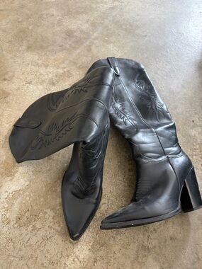 Women's Black Leather Western Knee Boots with Block Heel